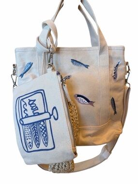 Canvas Sardine Tote Bag with Removable Pouch - Natural/Blue